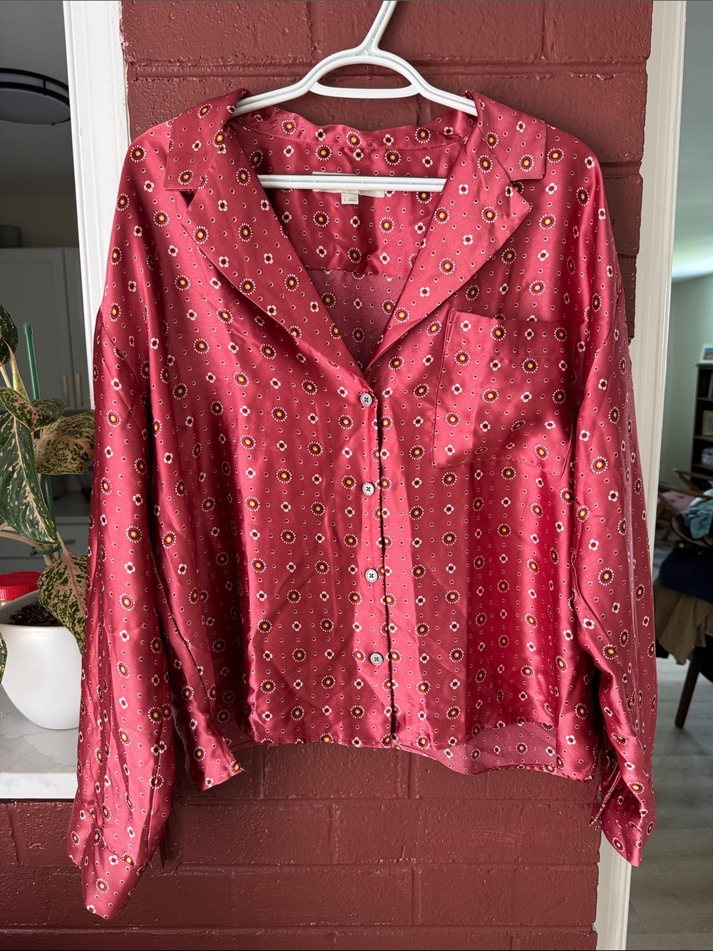 LOFT Rose Red Satin Button-Down Shirt with Tiny Dot Print Large